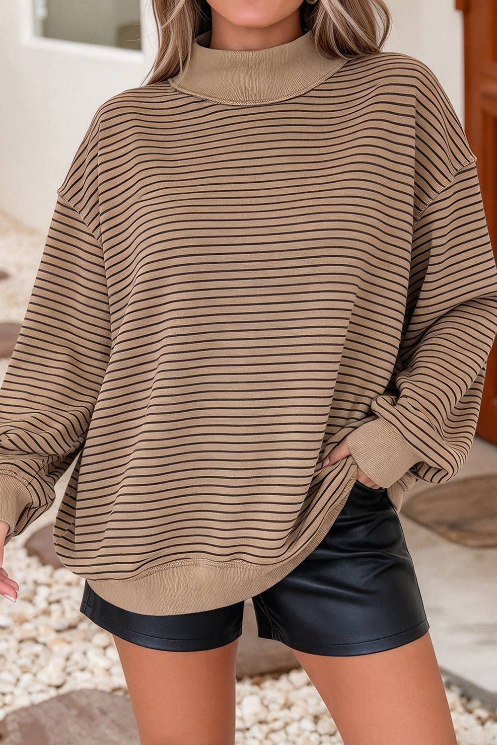 LDC Striped Oversized Mock Neck Sweatshirt