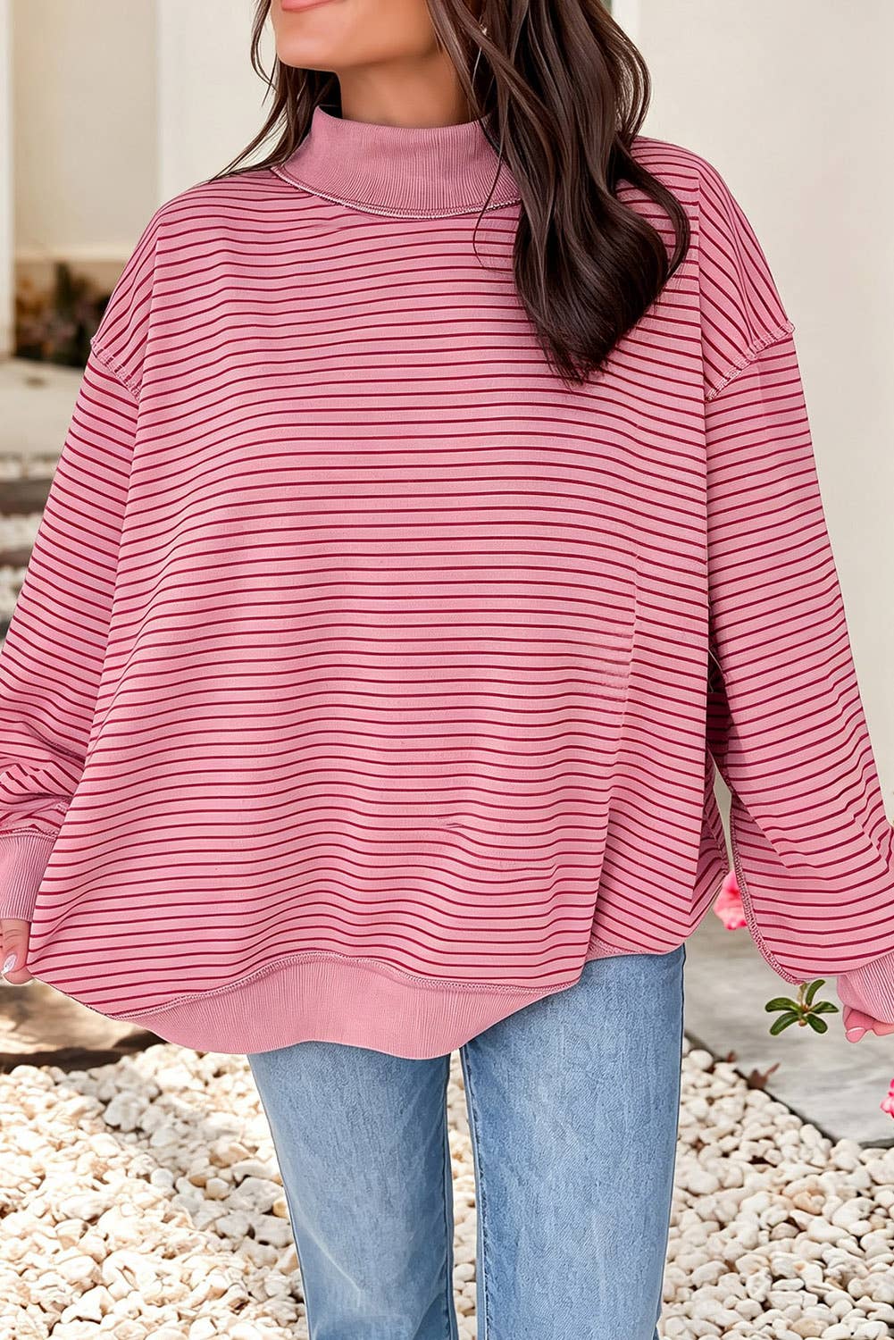 LDC Striped Oversized Mock Neck Sweatshirt