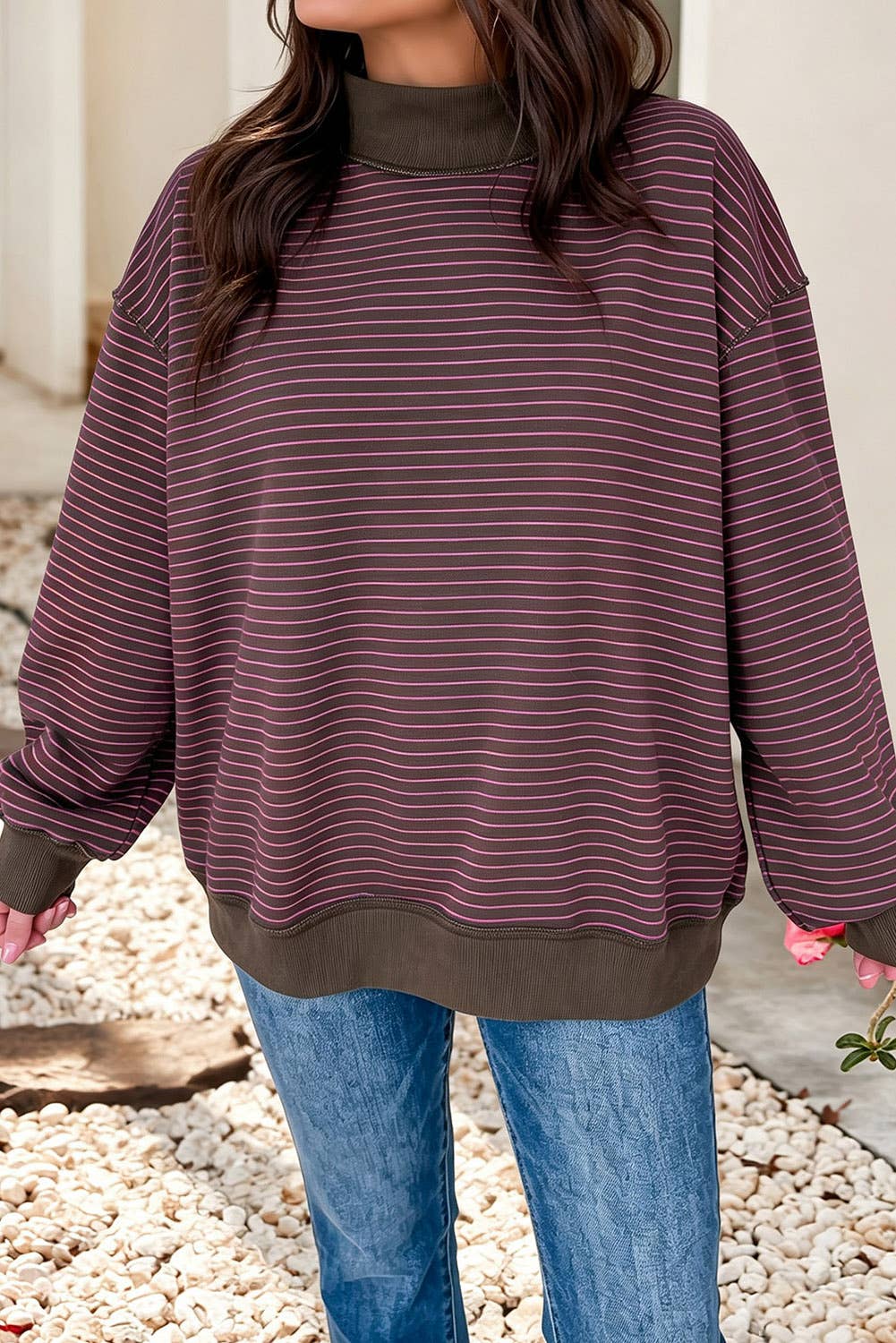LDC Striped Oversized Mock Neck Sweatshirt
