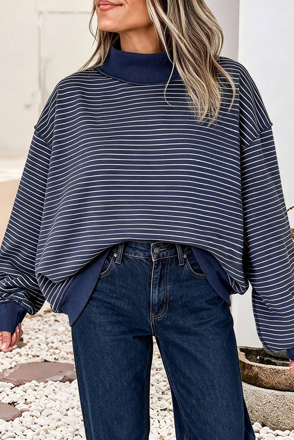 LDC Striped Oversized Mock Neck Sweatshirt
