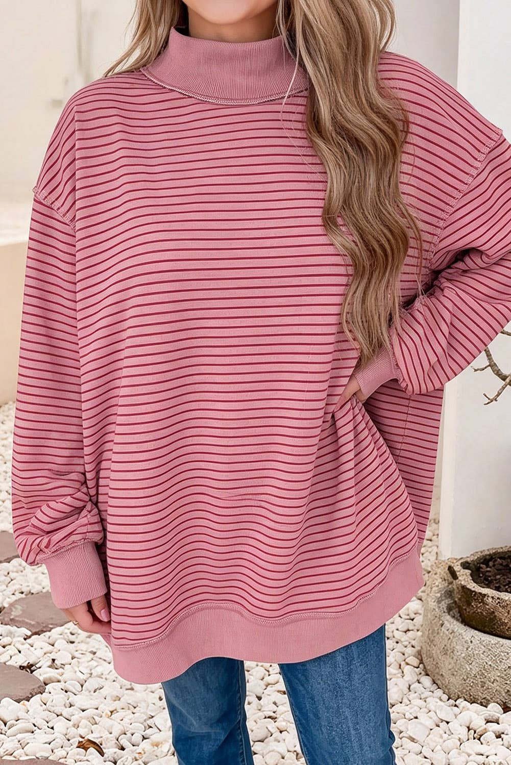 LDC Striped Oversized Mock Neck Sweatshirt