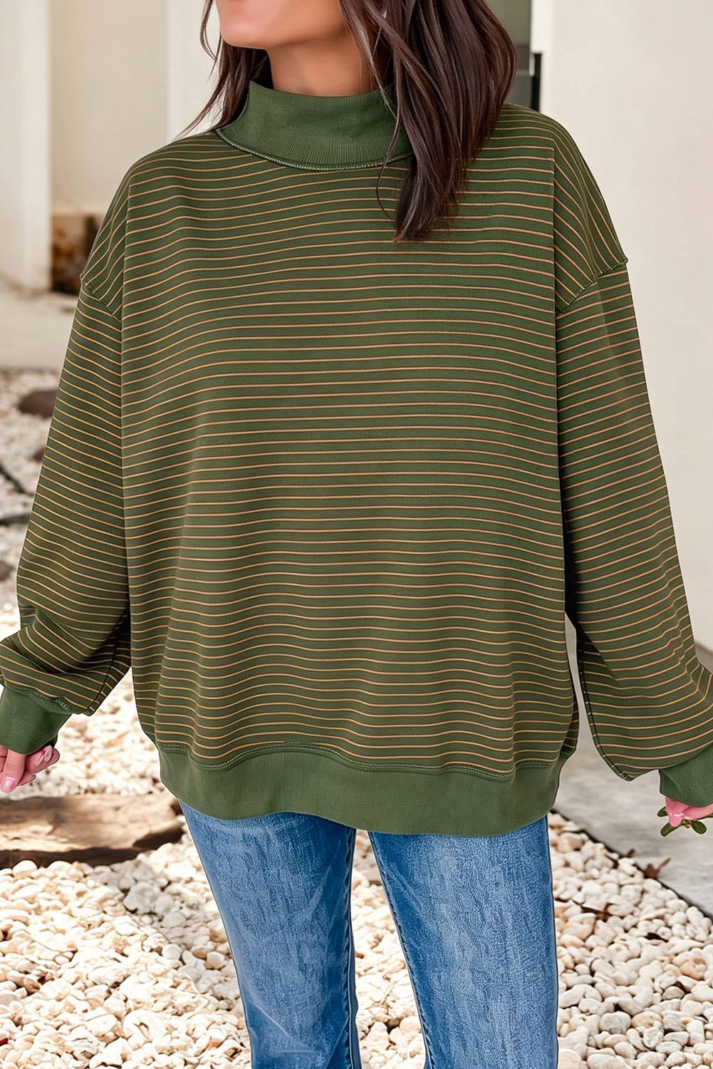 LDC Striped Oversized Mock Neck Sweatshirt